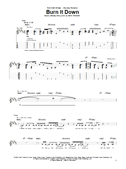 Alter Bridge Burn It Down sheet music notes and chords arranged for Guitar Tab