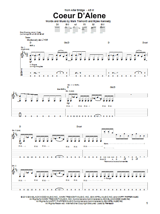 Alter Bridge Coeur D'Alene sheet music notes and chords arranged for Guitar Tab