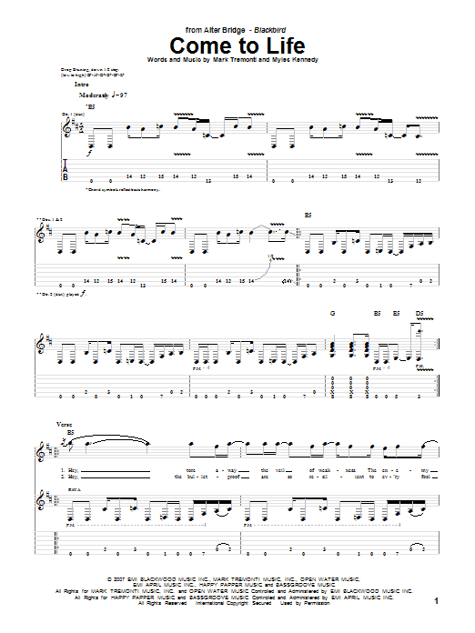 Alter Bridge Come To Life sheet music notes and chords arranged for Guitar Tab