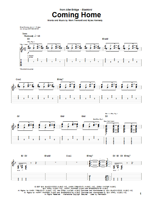 Alter Bridge Coming Home sheet music notes and chords arranged for Guitar Tab