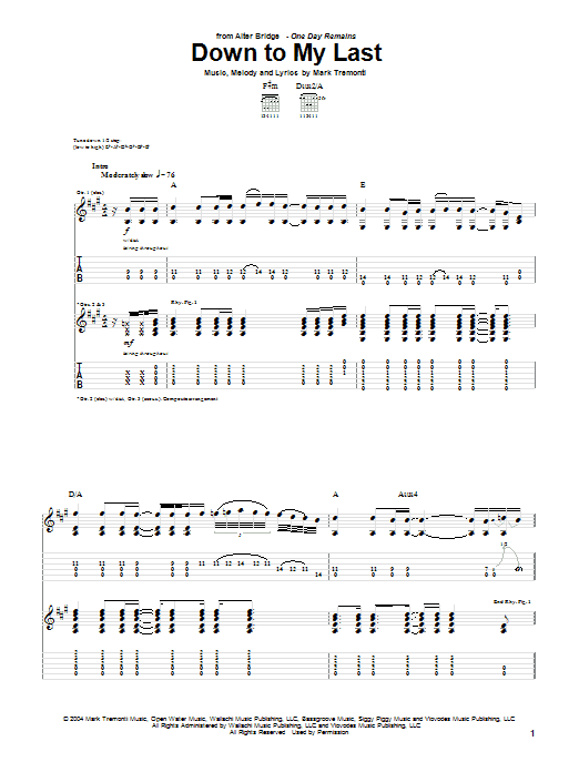 Alter Bridge Down To My Last sheet music notes and chords arranged for Guitar Tab