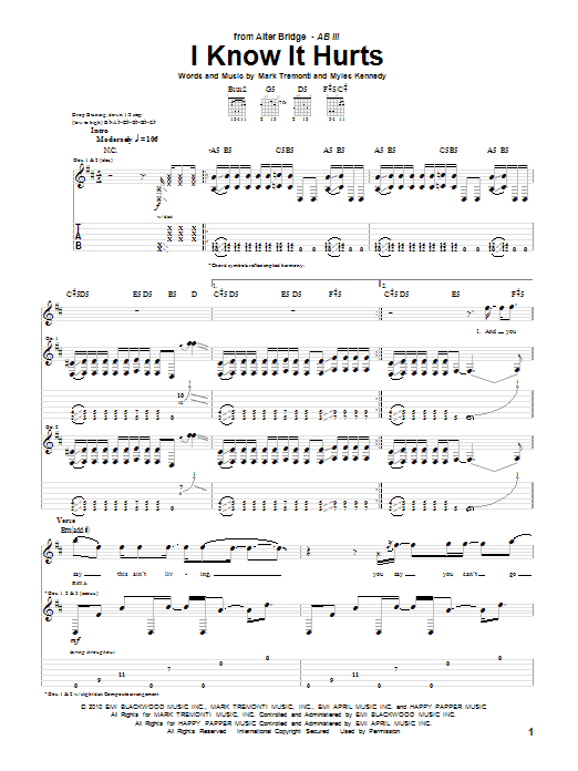 Alter Bridge I Know It Hurts sheet music notes and chords arranged for Guitar Tab