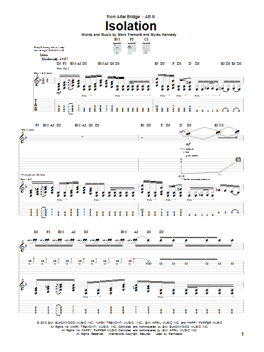 Alter Bridge Isolation sheet music notes and chords arranged for Guitar Tab