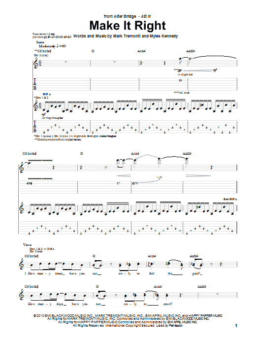 Alter Bridge Make It Right sheet music notes and chords arranged for Guitar Tab