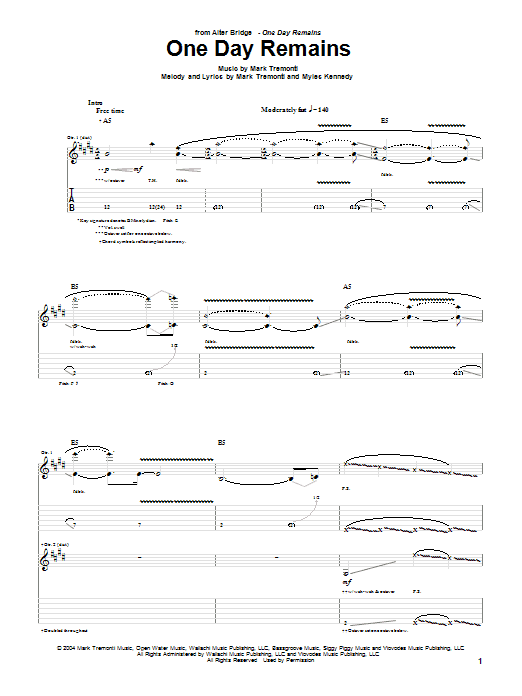 Alter Bridge One Day Remains sheet music notes and chords arranged for Guitar Tab