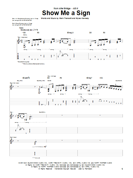 Alter Bridge Show Me A Sign sheet music notes and chords arranged for Guitar Tab
