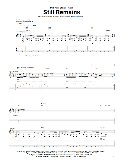 Alter Bridge Still Remains sheet music notes and chords arranged for Guitar Tab