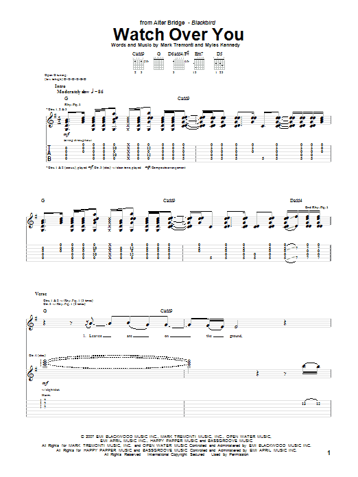Alter Bridge Watch Over You sheet music notes and chords arranged for Guitar Tab