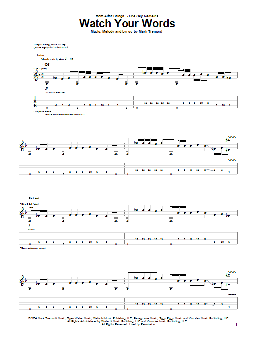 Alter Bridge Watch Your Words sheet music notes and chords arranged for Guitar Tab
