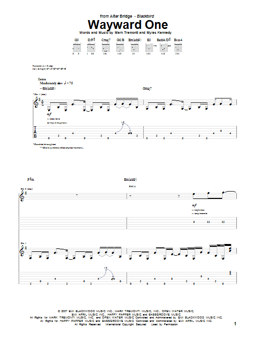 Alter Bridge Wayward One sheet music notes and chords arranged for Guitar Tab