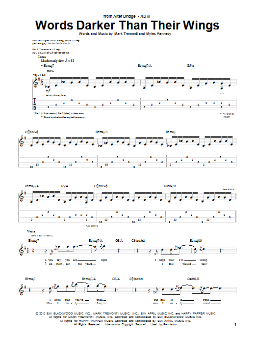 Alter Bridge Words Darker Than Their Wings sheet music notes and chords arranged for Guitar Tab