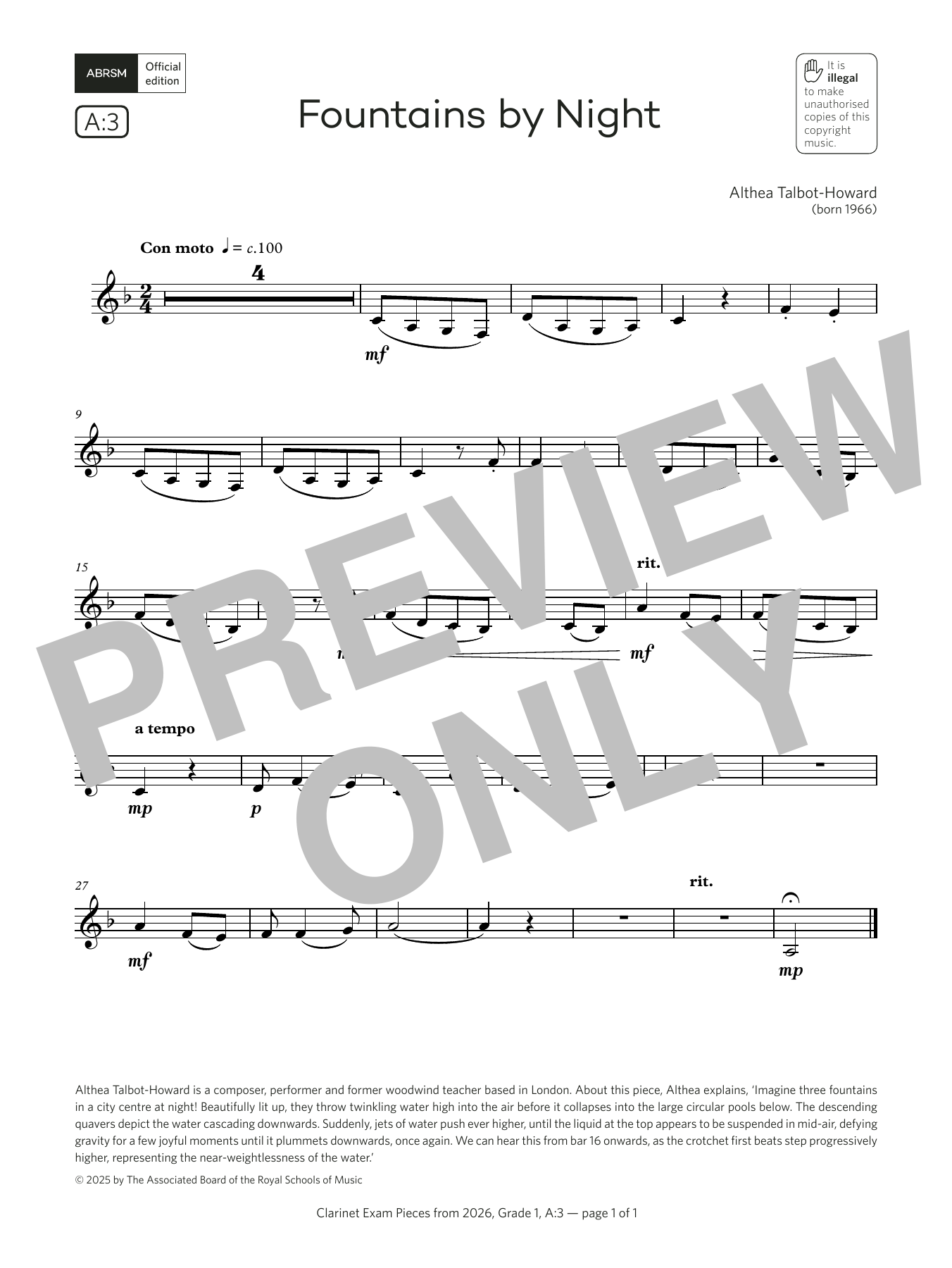 Althea Talbot-Howard Fountains by Night (Grade 1, list A3, from the ABRSM Clarinet Syllabus from 2026) sheet music notes and chords arranged for Clarinet Solo