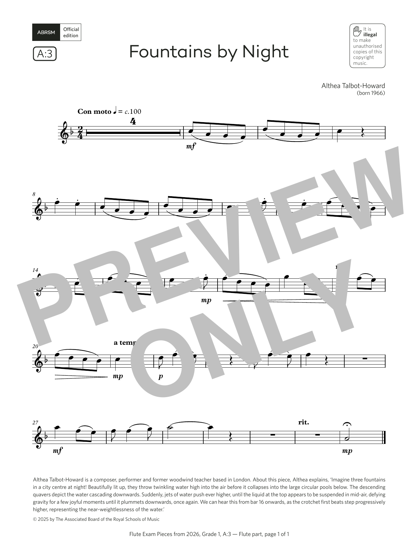 Althea Talbot-Howard Fountains by Night (Grade 1, list A3, from the ABRSM Flute Syllabus from 2026) sheet music notes and chords arranged for Flute Solo