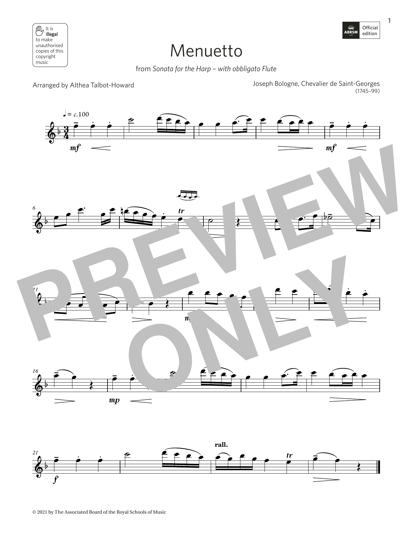Althea Talbot-Howard Menuetto from Sonata for the Harp (Grade 2 A5 from the ABRSM Treble Recorder syllabus from 2022) sheet music notes and chords arranged for Recorder