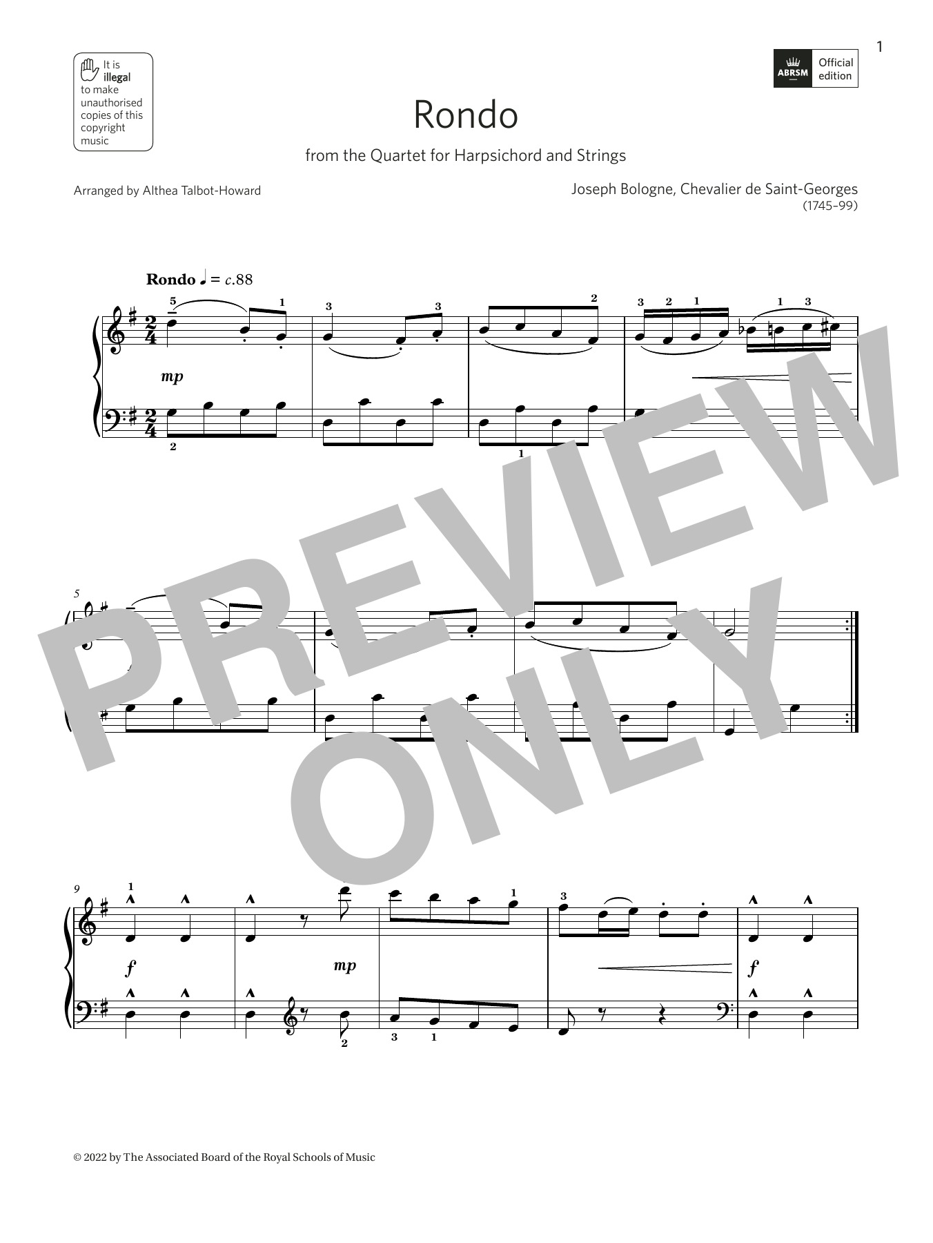 Althea Talbot-Howard Rondo from Quartet for harpsichord and strings (Grade 2, list A11, ABRSM Piano Syllabus 2023 & 2024) sheet music notes and chords arranged for Piano Solo