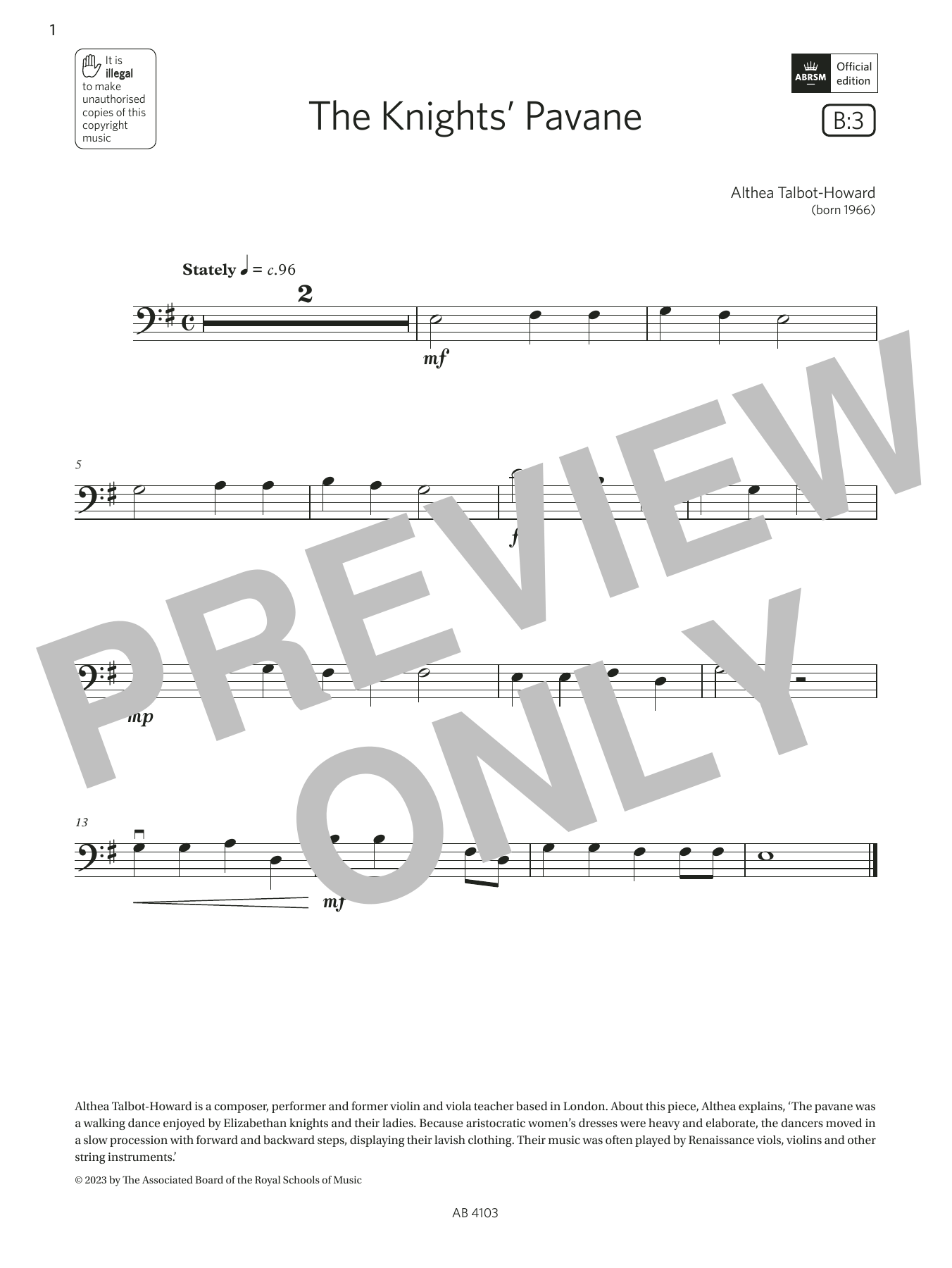 Althea Talbot-Howard The Knights' Pavane (Grade Initial, B3, from the ABRSM Cello Syllabus from 2024) sheet music notes and chords arranged for Cello Solo
