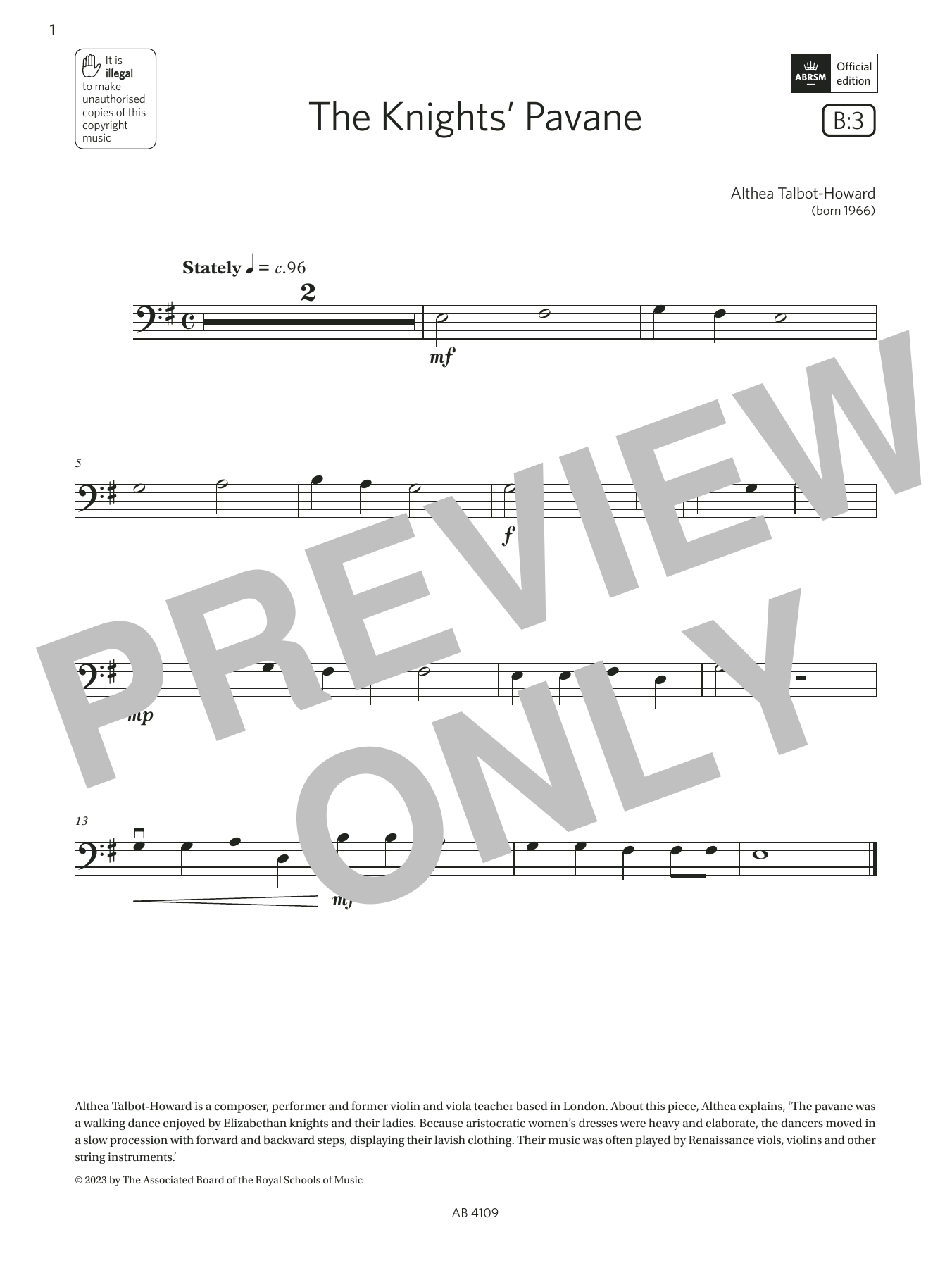 Althea Talbot-Howard The Knights' Pavane (Grade Initial, B3, from the ABRSM Double Bass Syllabus from 2024) sheet music notes and chords arranged for String Bass Solo