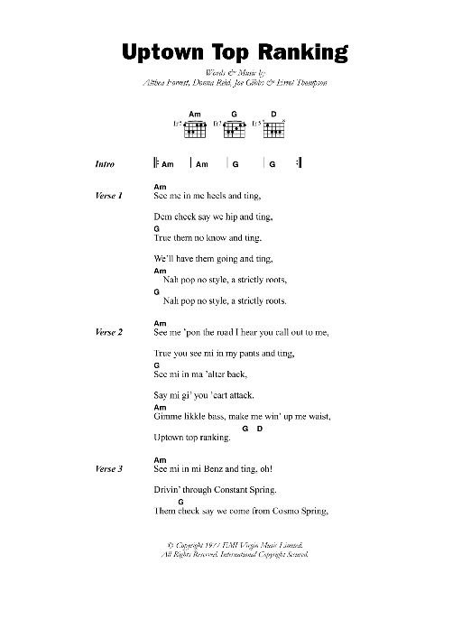 Althia & Donna Uptown Top Ranking sheet music notes and chords arranged for Guitar Chords/Lyrics