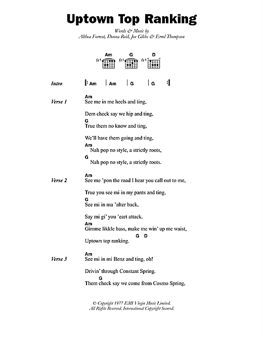 Althia & Donna Uptown Top Ranking sheet music notes and chords arranged for Guitar Chords/Lyrics