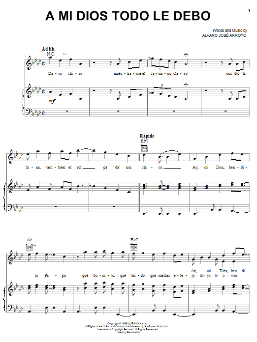 Alvaro José Arroyo A Mi Dios Todo Le Debo sheet music notes and chords arranged for Piano, Vocal & Guitar Chords (Right-Hand Melody)