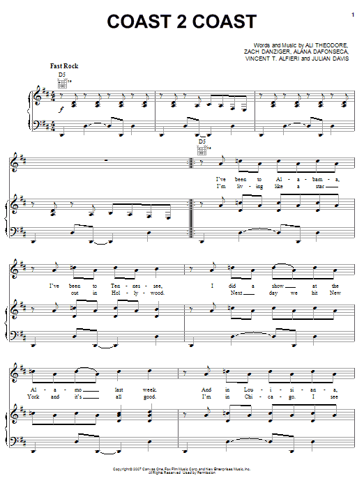Alvin And The Chipmunks Coast 2 Coast sheet music notes and chords arranged for Piano, Vocal & Guitar Chords (Right-Hand Melody)