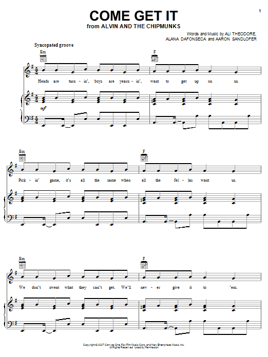 Alvin And The Chipmunks Come Get It sheet music notes and chords arranged for Piano, Vocal & Guitar Chords (Right-Hand Melody)