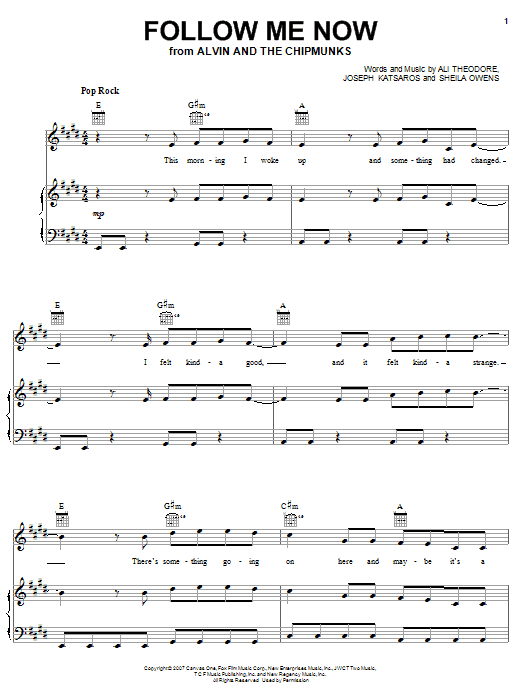 Alvin And The Chipmunks Follow Me Now sheet music notes and chords arranged for Piano, Vocal & Guitar Chords (Right-Hand Melody)
