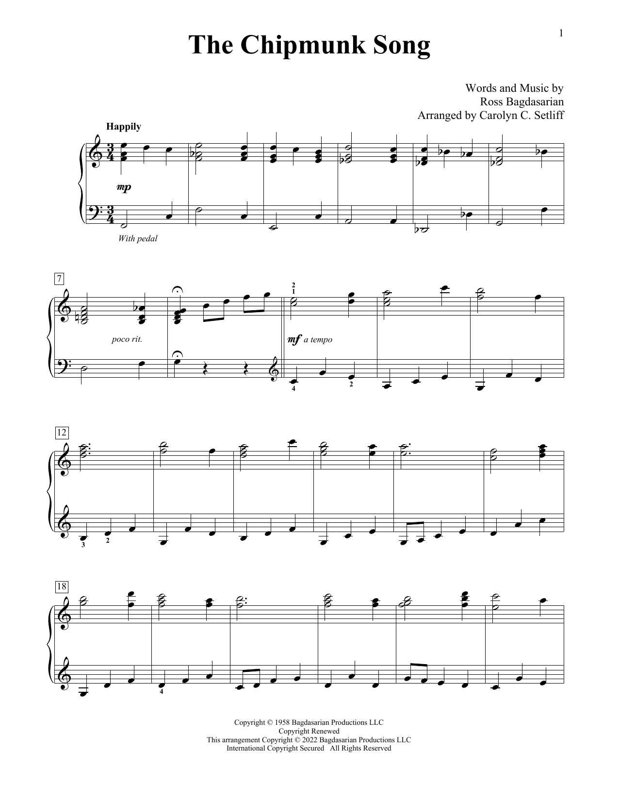 Alvin And The Chipmunks The Chipmunk Song (arr. Carolyn C. Setliff) sheet music notes and chords arranged for Educational Piano