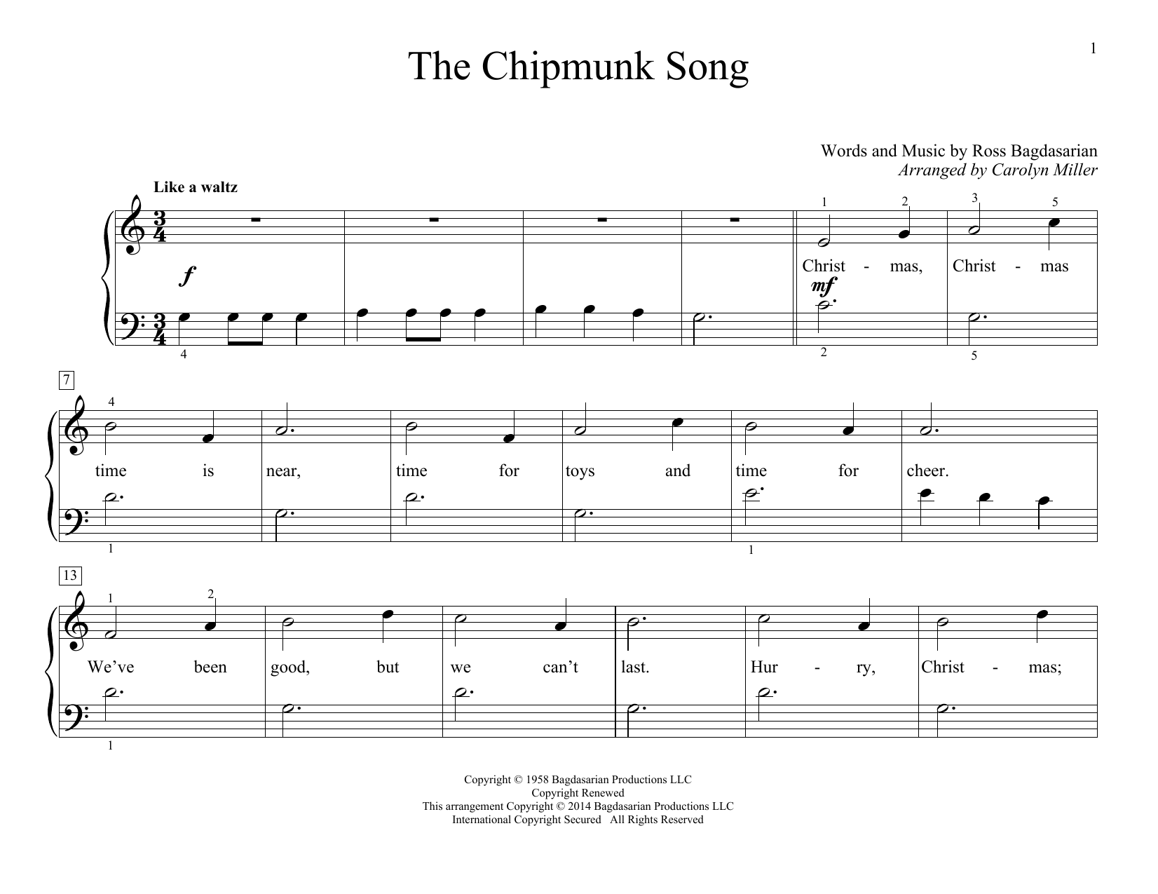 Carolyn Miller The Chipmunk Song sheet music notes and chords arranged for Educational Piano