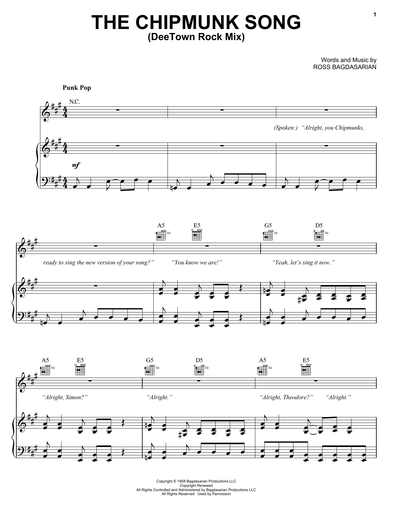Alvin And The Chipmunks The Chipmunk Song (DeeTown Rock Mix) sheet music notes and chords arranged for Piano, Vocal & Guitar Chords (Right-Hand Melody)