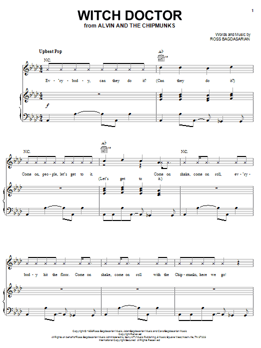 Alvin And The Chipmunks Witch Doctor sheet music notes and chords arranged for Piano, Vocal & Guitar Chords (Right-Hand Melody)