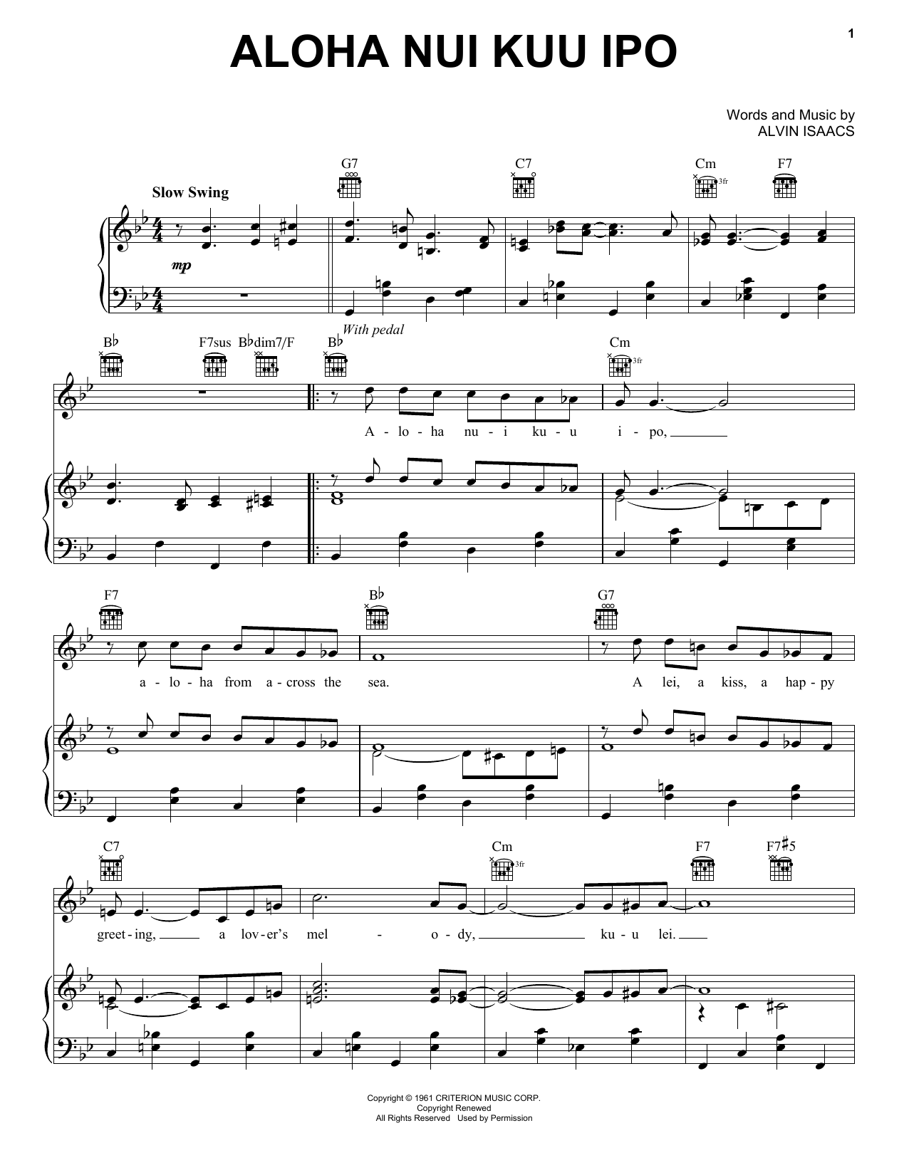Alvin Isaacs Aloha Nui Kuu Ipo sheet music notes and chords arranged for Piano, Vocal & Guitar Chords (Right-Hand Melody)