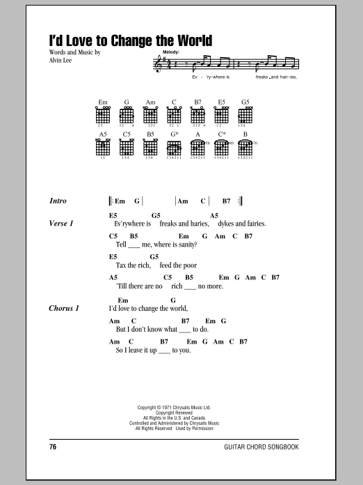 Alvin Lee I'd Love To Change The World sheet music notes and chords arranged for Guitar Chords/Lyrics