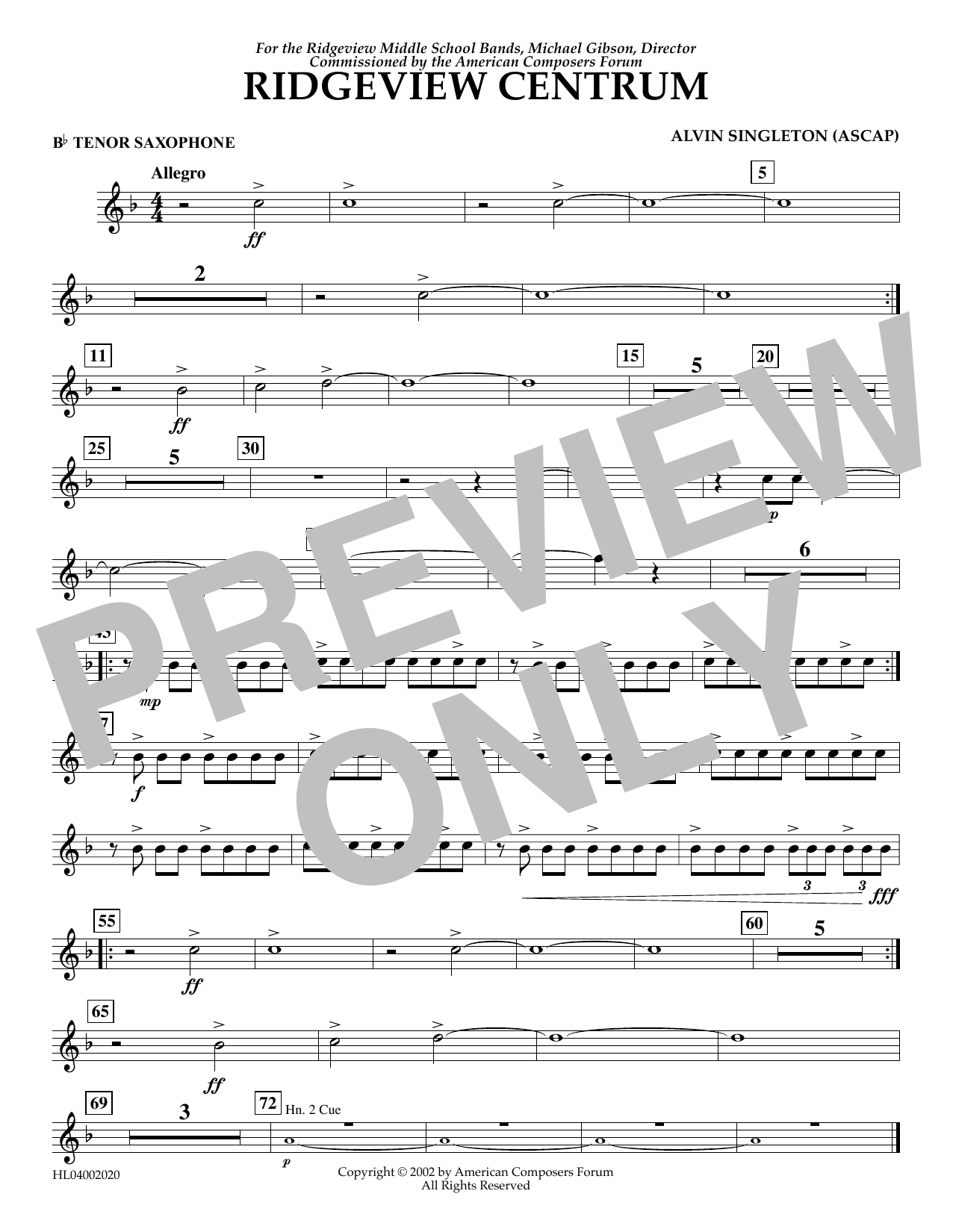 Alvin Singleton Ridgeview Centrum - Bb Tenor Saxophone sheet music notes and chords arranged for Concert Band