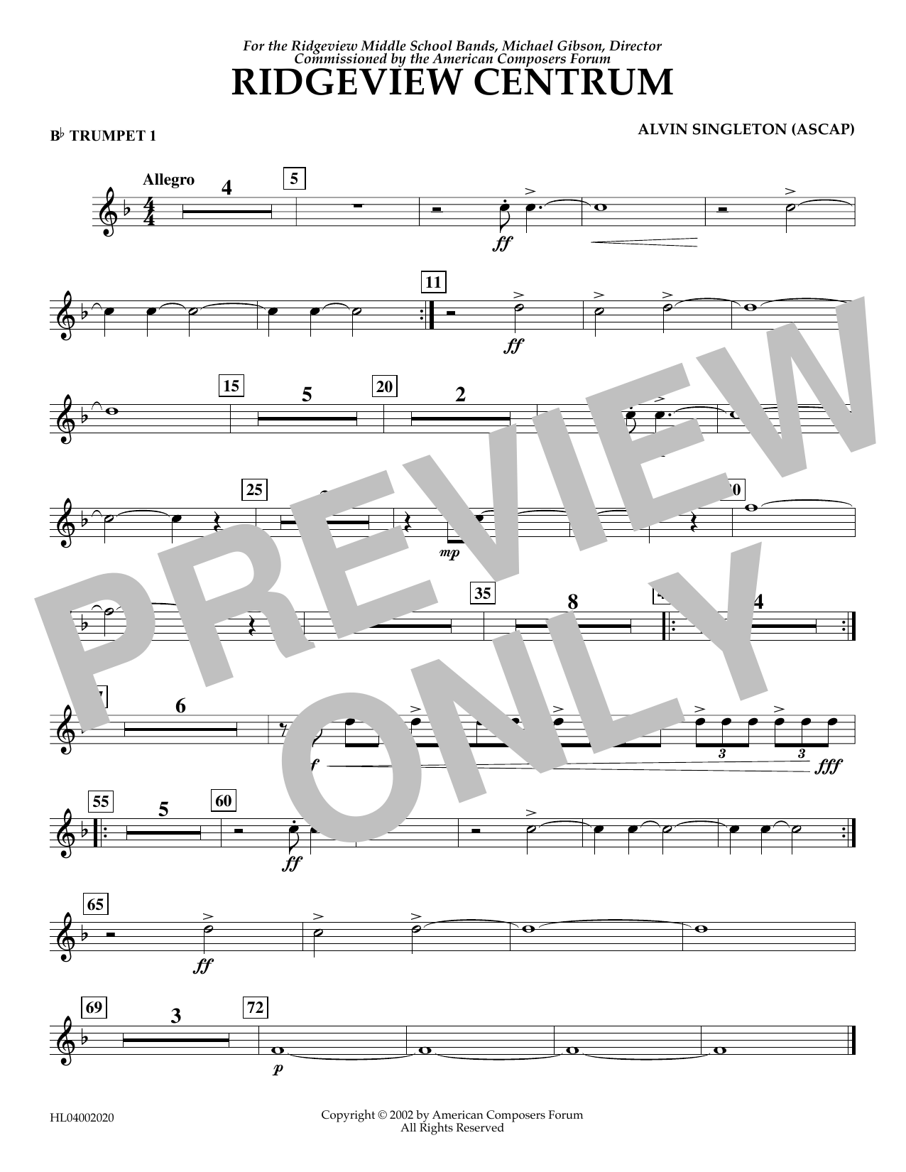 Alvin Singleton Ridgeview Centrum - Bb Trumpet 1 sheet music notes and chords arranged for Concert Band