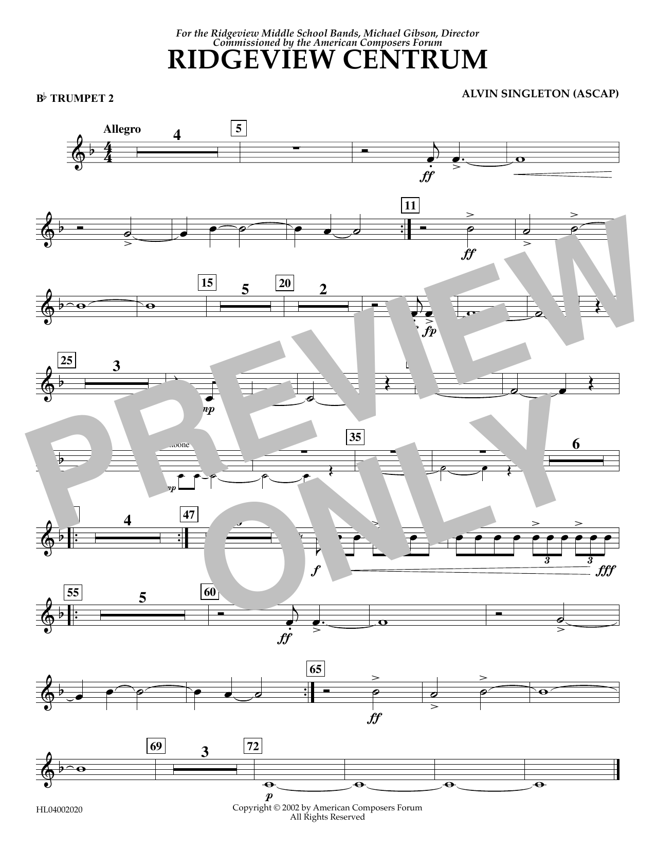 Alvin Singleton Ridgeview Centrum - Bb Trumpet 2 sheet music notes and chords arranged for Concert Band