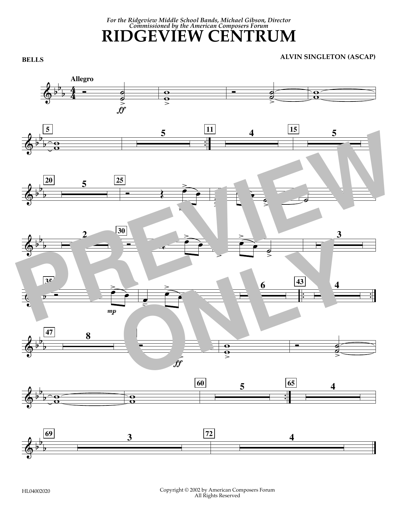 Alvin Singleton Ridgeview Centrum - Bells sheet music notes and chords arranged for Concert Band