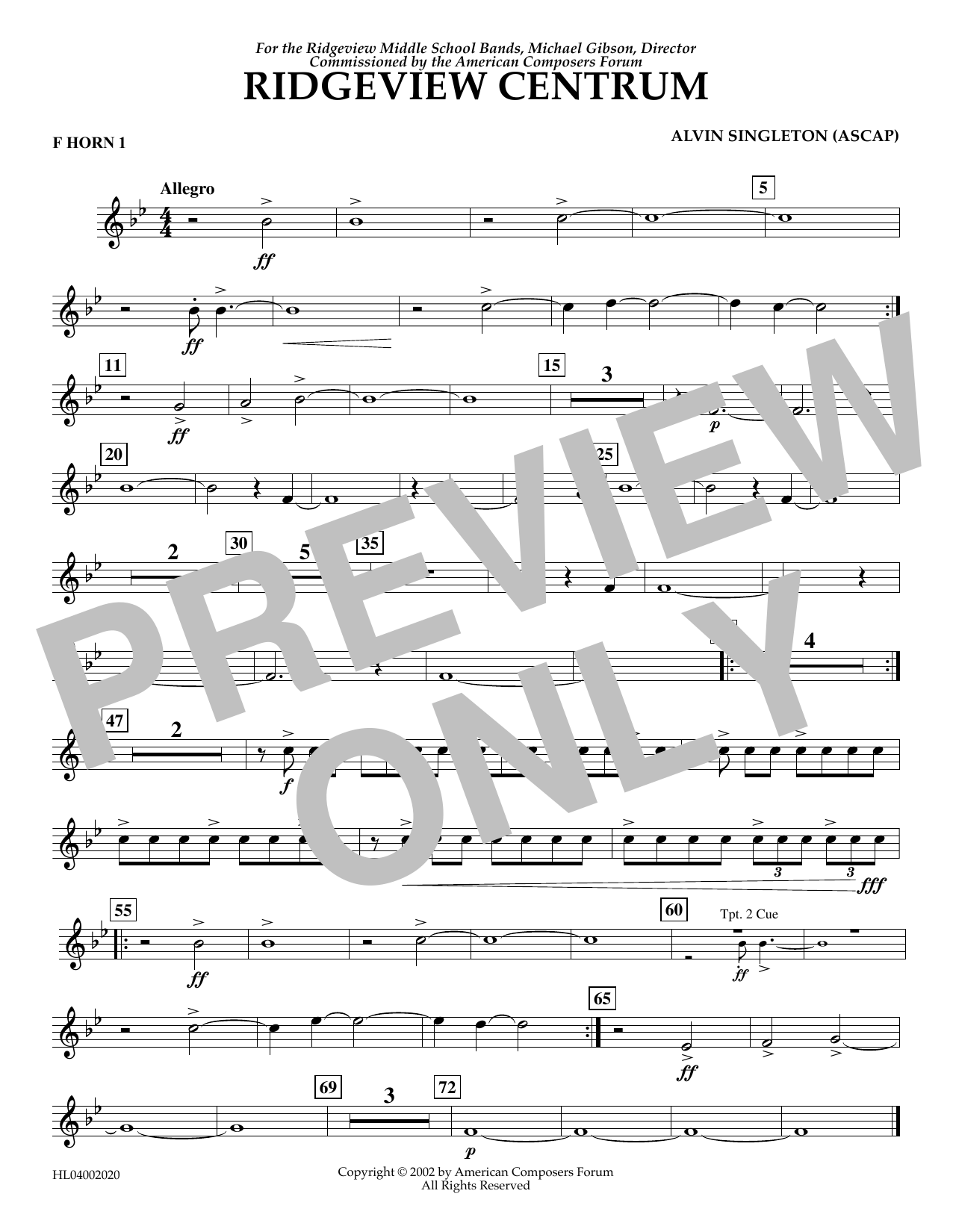 Alvin Singleton Ridgeview Centrum - F Horn 1 sheet music notes and chords arranged for Concert Band