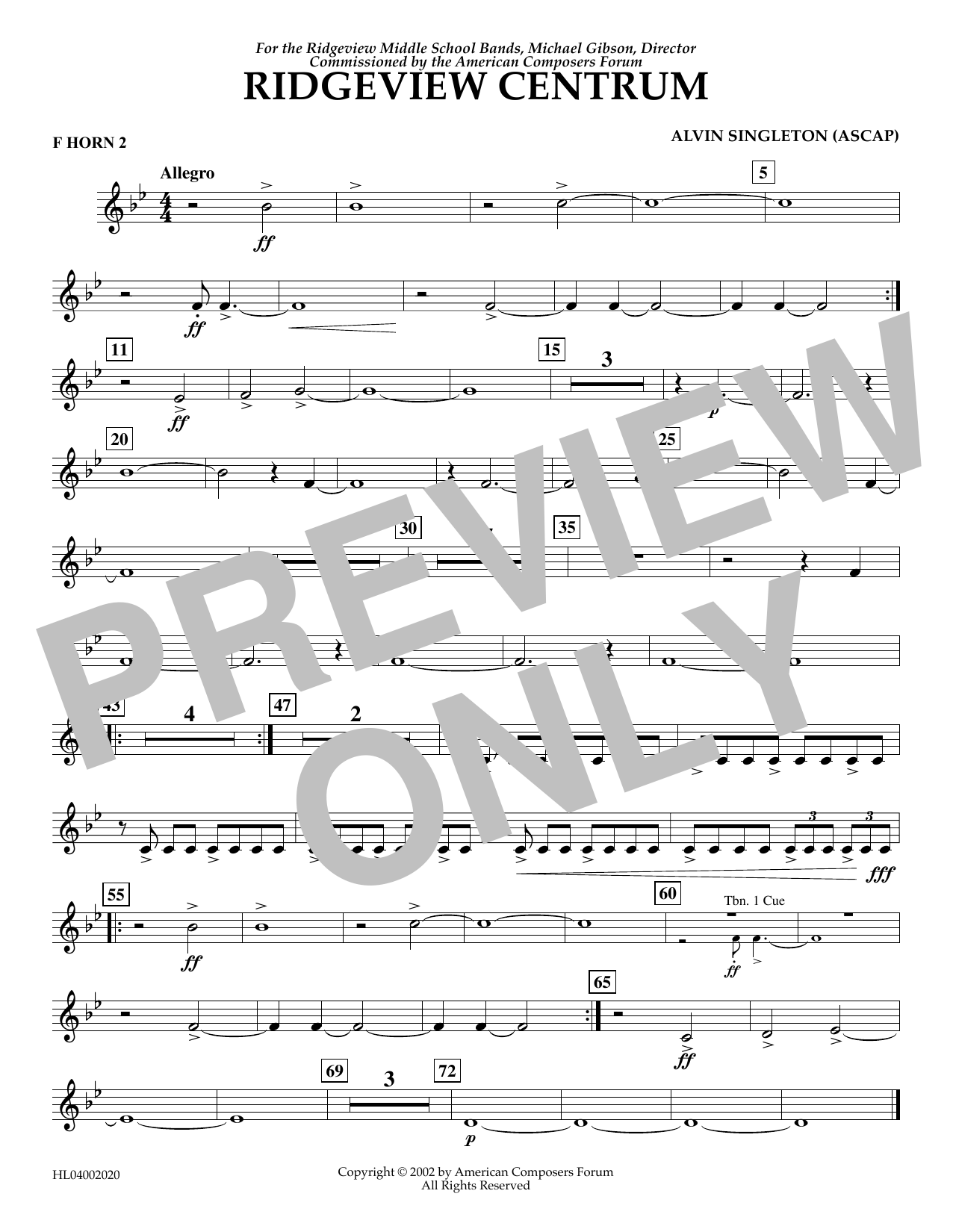 Alvin Singleton Ridgeview Centrum - F Horn 2 sheet music notes and chords arranged for Concert Band