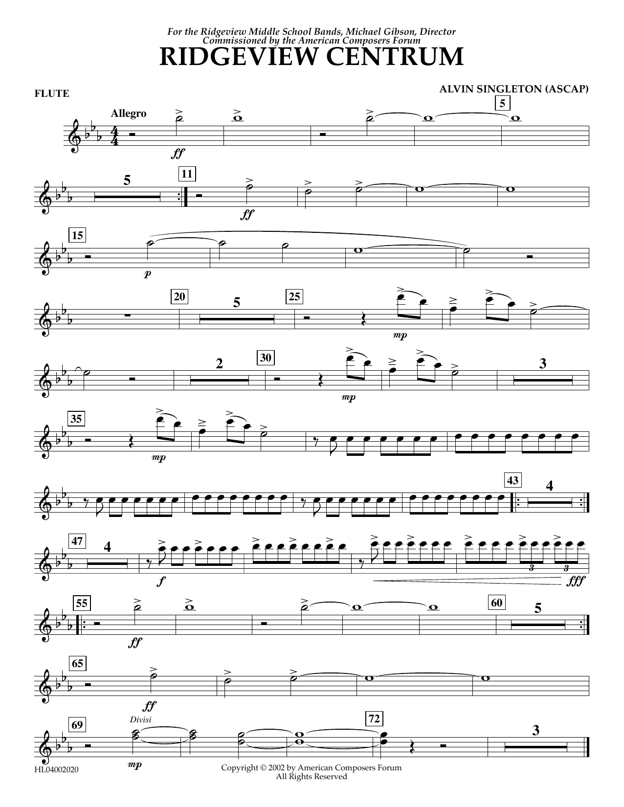 Alvin Singleton Ridgeview Centrum - Flute sheet music notes and chords arranged for Concert Band