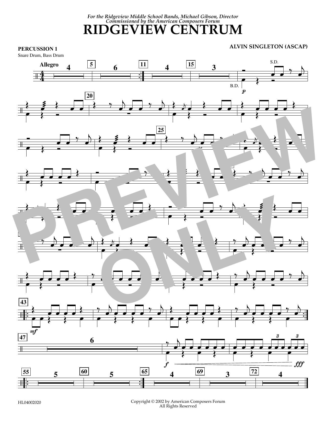 Alvin Singleton Ridgeview Centrum - Percussion 1 sheet music notes and chords arranged for Concert Band