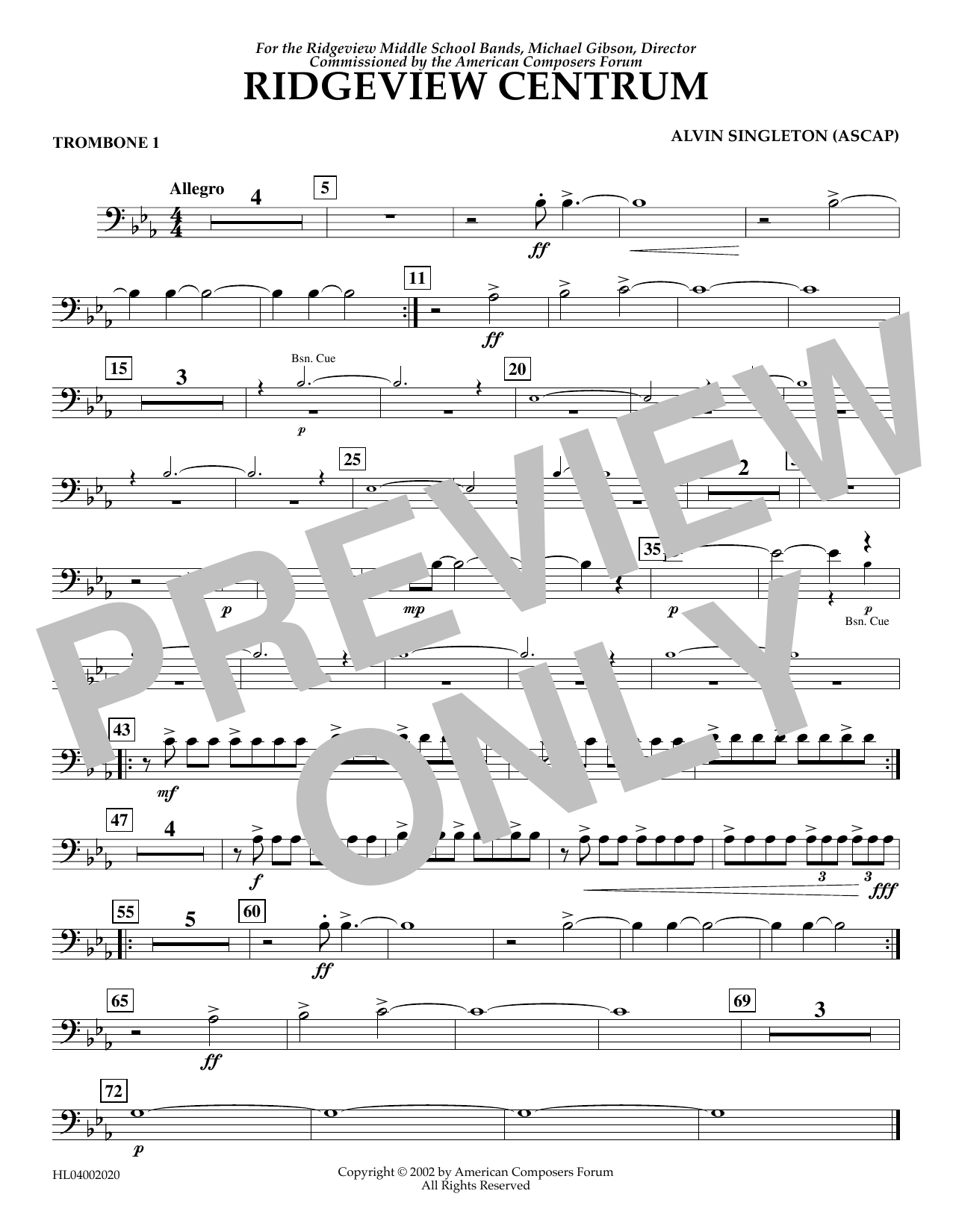 Alvin Singleton Ridgeview Centrum - Trombone 1 sheet music notes and chords arranged for Concert Band