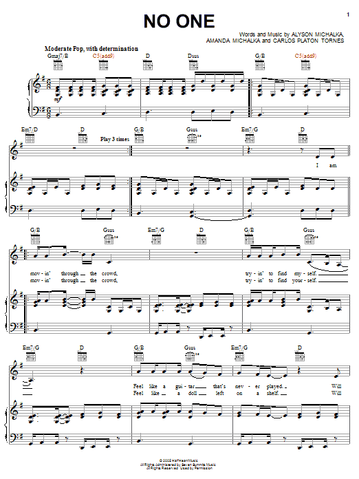 Aly & AJ No One sheet music notes and chords arranged for Piano, Vocal & Guitar Chords (Right-Hand Melody)