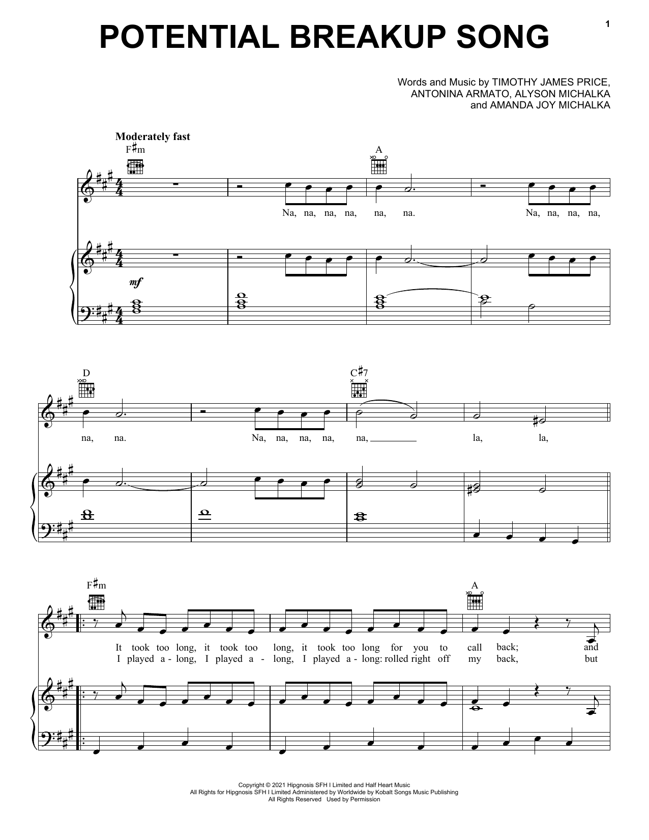 Aly & AJ Potential Breakup Song sheet music notes and chords arranged for Piano, Vocal & Guitar Chords (Right-Hand Melody)