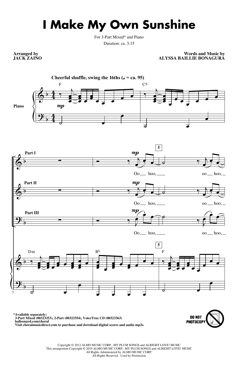 Alyssa Bonagura I Make My Own Sunshine (arr. Jack Zaino) sheet music notes and chords arranged for 3-Part Mixed Choir