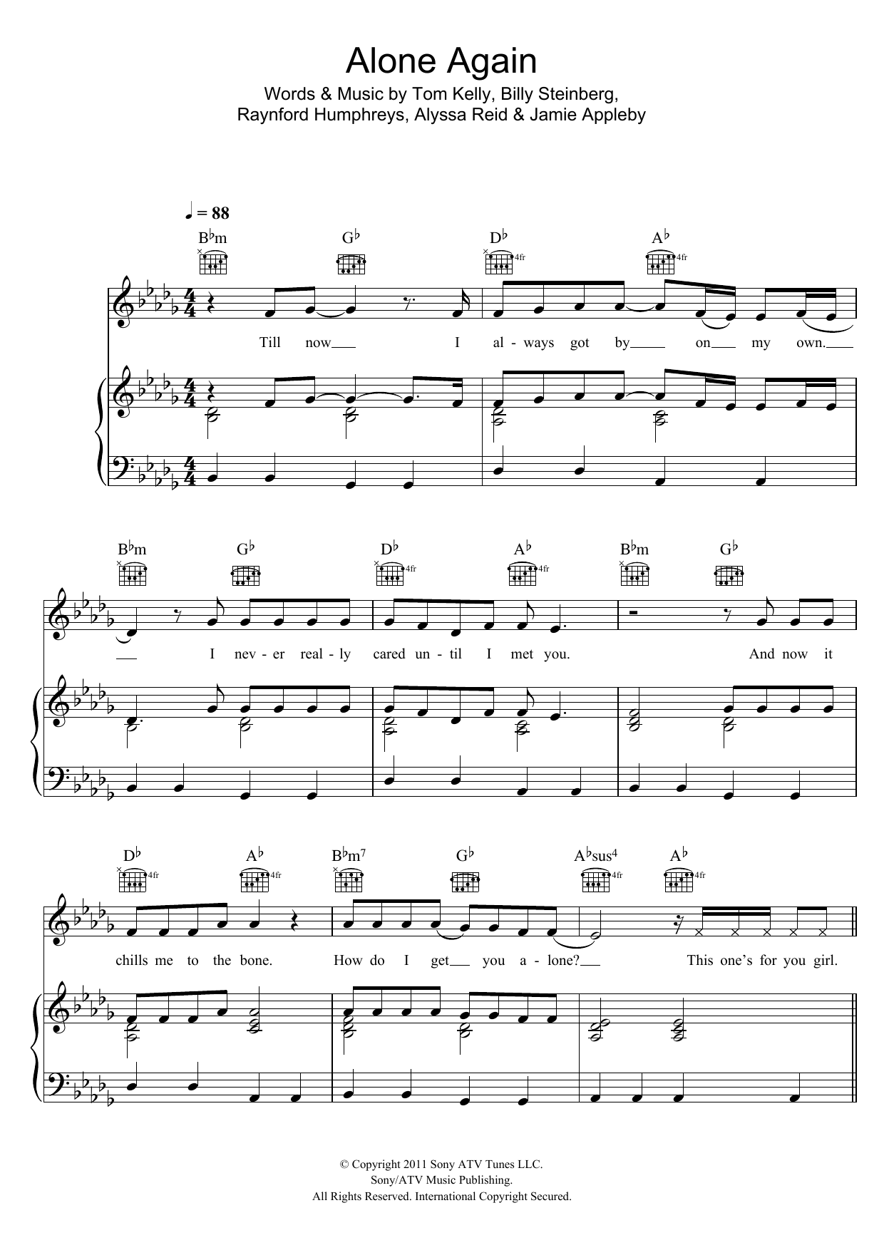 Alyssa Reid Alone Again sheet music notes and chords arranged for Piano, Vocal & Guitar Chords