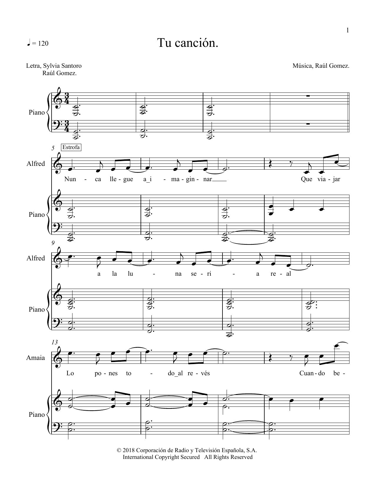 Amaia & Alfred Tu Canción sheet music notes and chords arranged for Piano & Vocal