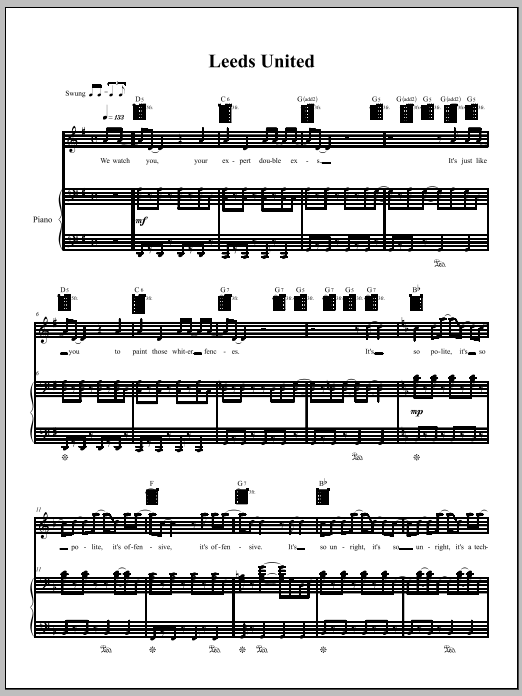 Amanda Palmer Leeds United sheet music notes and chords arranged for Piano, Vocal & Guitar Chords (Right-Hand Melody)
