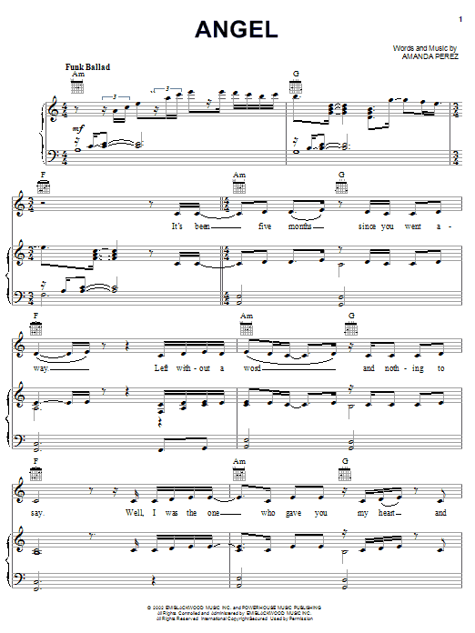 Amanda Perez Angel sheet music notes and chords arranged for Piano, Vocal & Guitar Chords (Right-Hand Melody)