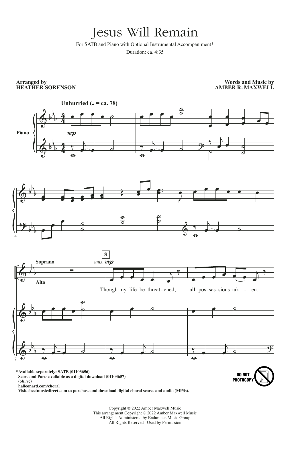Amber R. Maxwell Jesus Will Remain (arr. Heather Sorenson) sheet music notes and chords arranged for SATB Choir